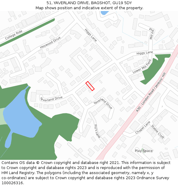 51, YAVERLAND DRIVE, BAGSHOT, GU19 5DY: Location map and indicative extent of plot