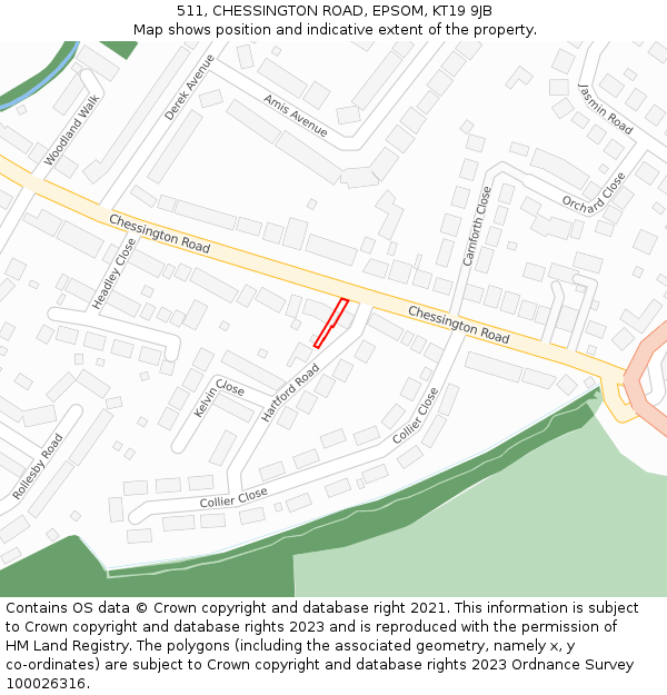511, CHESSINGTON ROAD, EPSOM, KT19 9JB: Location map and indicative extent of plot