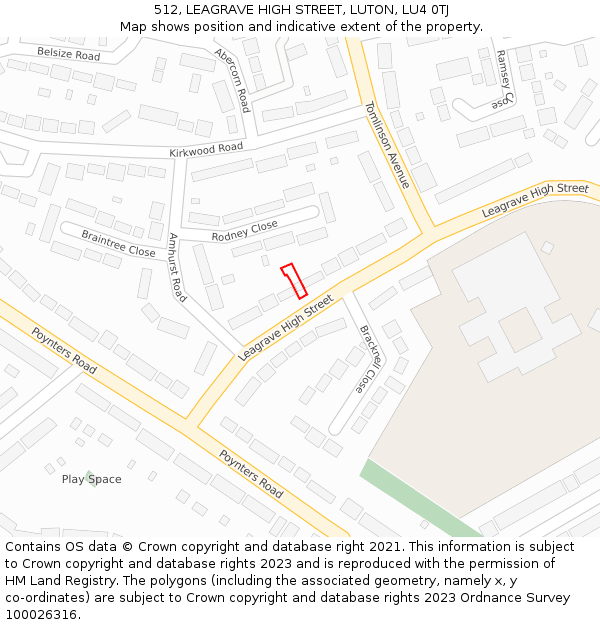 512, LEAGRAVE HIGH STREET, LUTON, LU4 0TJ: Location map and indicative extent of plot