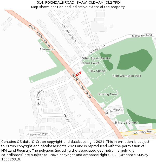 514, ROCHDALE ROAD, SHAW, OLDHAM, OL2 7PD: Location map and indicative extent of plot