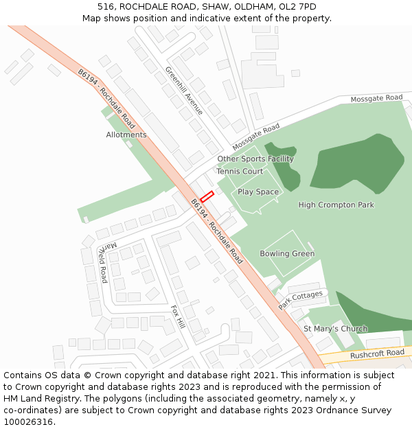 516, ROCHDALE ROAD, SHAW, OLDHAM, OL2 7PD: Location map and indicative extent of plot