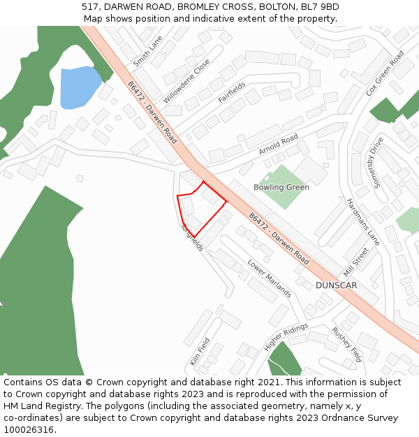 517, DARWEN ROAD, BROMLEY CROSS, BOLTON, BL7 9BD: Location map and indicative extent of plot