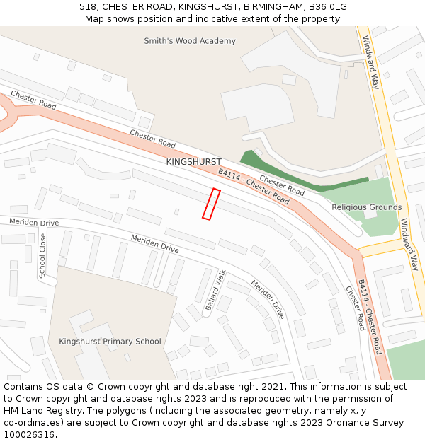 518, CHESTER ROAD, KINGSHURST, BIRMINGHAM, B36 0LG: Location map and indicative extent of plot