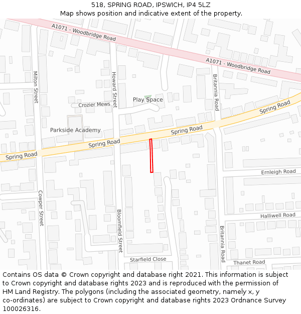 518, SPRING ROAD, IPSWICH, IP4 5LZ: Location map and indicative extent of plot