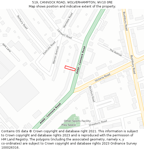 519, CANNOCK ROAD, WOLVERHAMPTON, WV10 0RE: Location map and indicative extent of plot