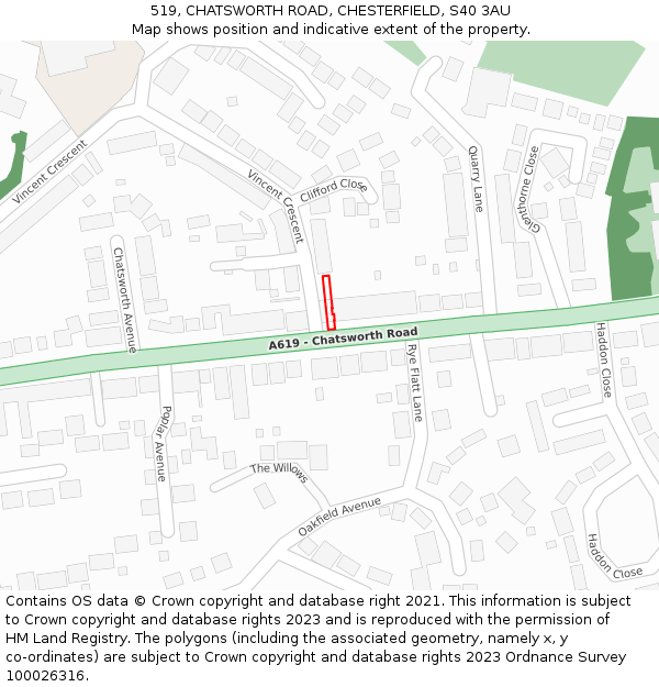 519, CHATSWORTH ROAD, CHESTERFIELD, S40 3AU: Location map and indicative extent of plot