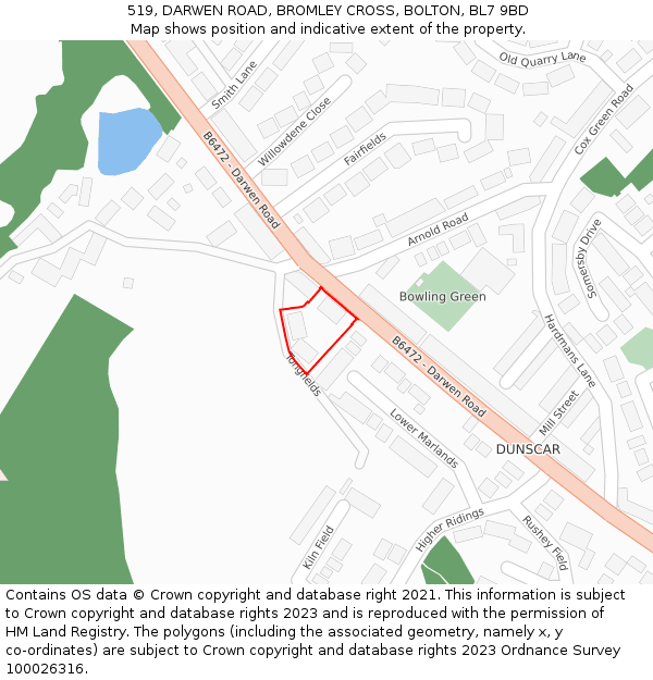 519, DARWEN ROAD, BROMLEY CROSS, BOLTON, BL7 9BD: Location map and indicative extent of plot