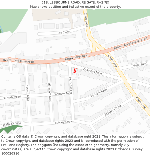 51B, LESBOURNE ROAD, REIGATE, RH2 7JX: Location map and indicative extent of plot