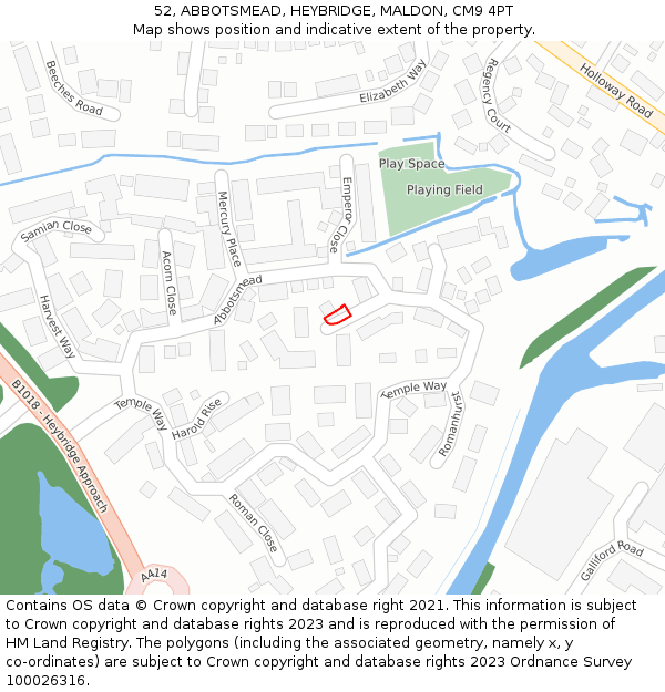 52, ABBOTSMEAD, HEYBRIDGE, MALDON, CM9 4PT: Location map and indicative extent of plot