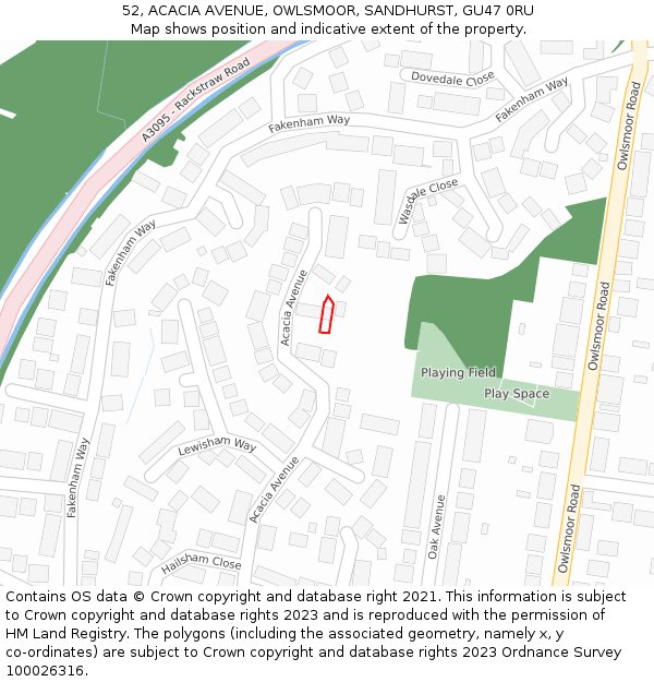52, ACACIA AVENUE, OWLSMOOR, SANDHURST, GU47 0RU: Location map and indicative extent of plot