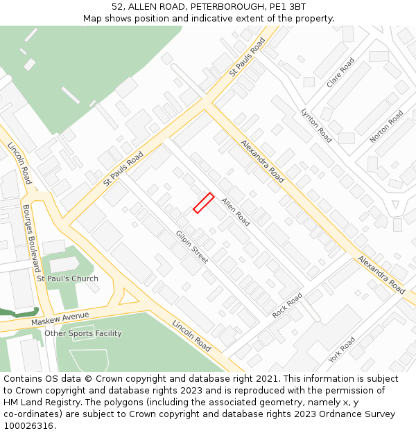 52, ALLEN ROAD, PETERBOROUGH, PE1 3BT: Location map and indicative extent of plot