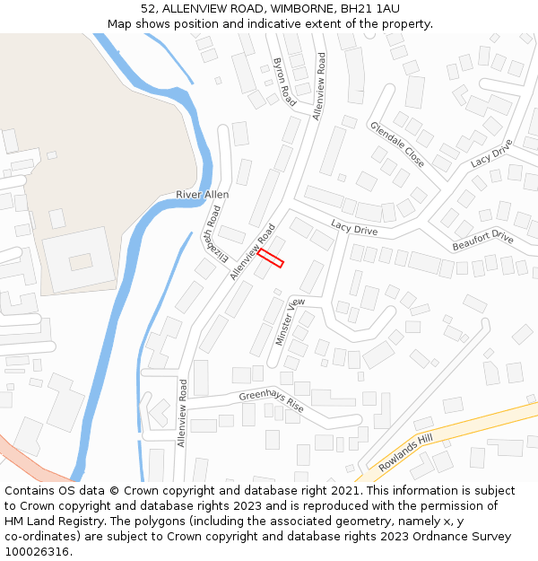 52, ALLENVIEW ROAD, WIMBORNE, BH21 1AU: Location map and indicative extent of plot