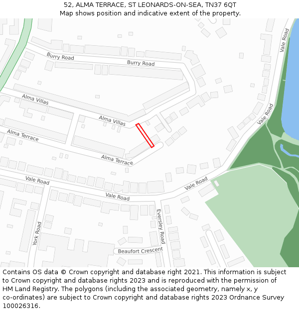 52, ALMA TERRACE, ST LEONARDS-ON-SEA, TN37 6QT: Location map and indicative extent of plot