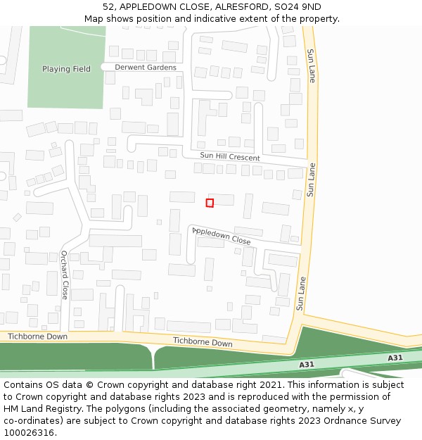 52, APPLEDOWN CLOSE, ALRESFORD, SO24 9ND: Location map and indicative extent of plot