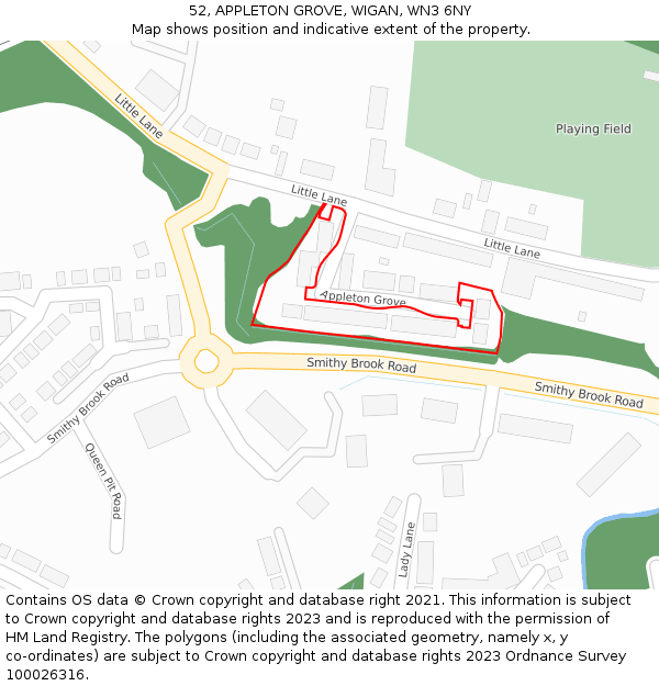 52, APPLETON GROVE, WIGAN, WN3 6NY: Location map and indicative extent of plot