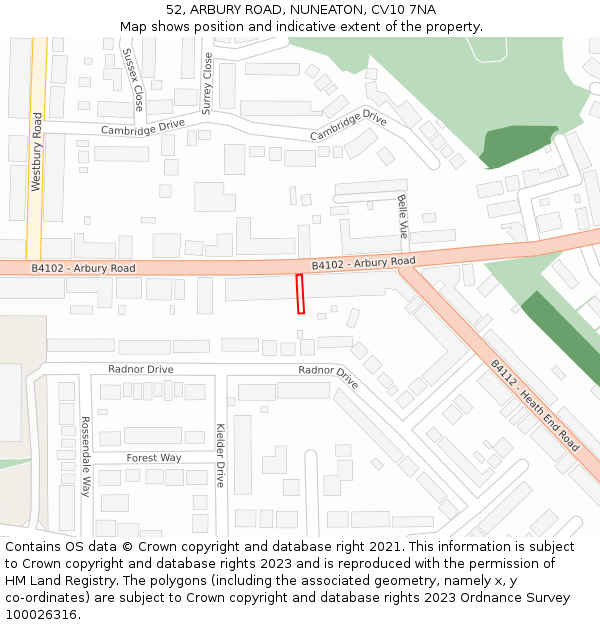 52, ARBURY ROAD, NUNEATON, CV10 7NA: Location map and indicative extent of plot