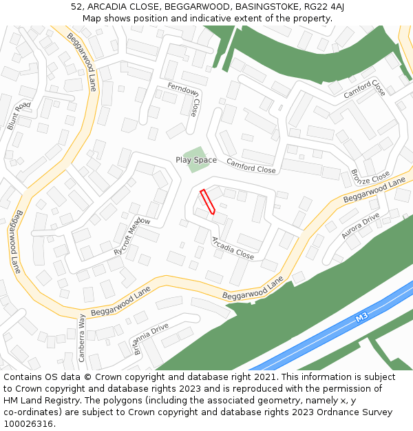 52, ARCADIA CLOSE, BEGGARWOOD, BASINGSTOKE, RG22 4AJ: Location map and indicative extent of plot