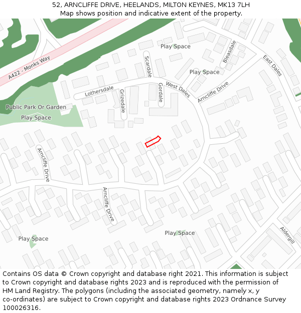 52, ARNCLIFFE DRIVE, HEELANDS, MILTON KEYNES, MK13 7LH: Location map and indicative extent of plot