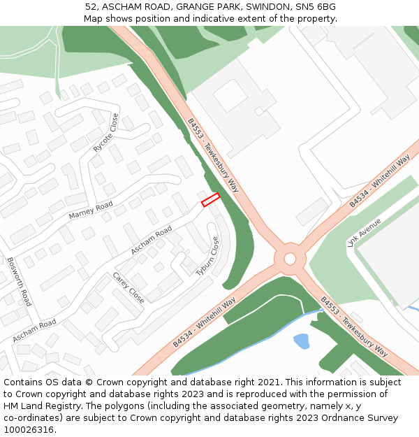 52, ASCHAM ROAD, GRANGE PARK, SWINDON, SN5 6BG: Location map and indicative extent of plot