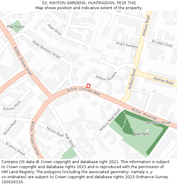 52, ASHTON GARDENS, HUNTINGDON, PE29 7HQ: Location map and indicative extent of plot