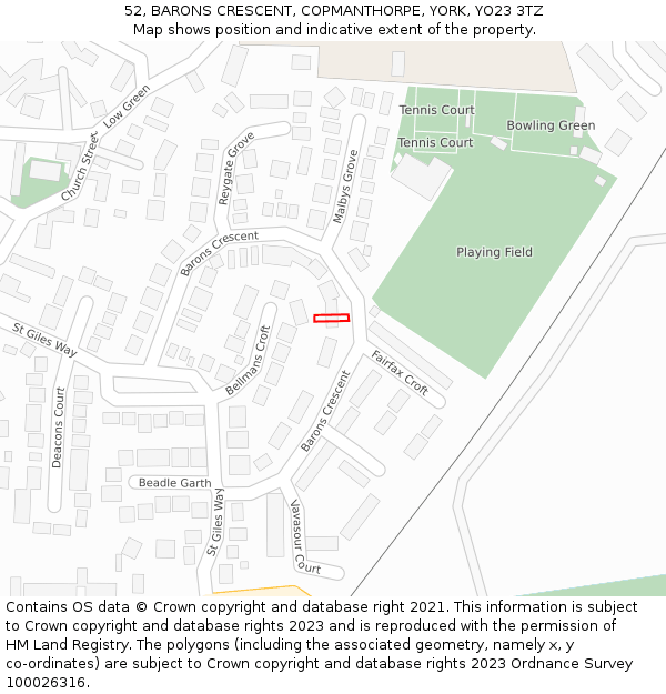 52, BARONS CRESCENT, COPMANTHORPE, YORK, YO23 3TZ: Location map and indicative extent of plot