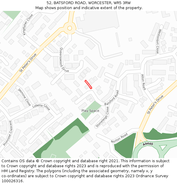 52, BATSFORD ROAD, WORCESTER, WR5 3RW: Location map and indicative extent of plot