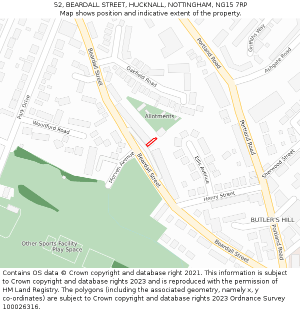 52, BEARDALL STREET, HUCKNALL, NOTTINGHAM, NG15 7RP: Location map and indicative extent of plot