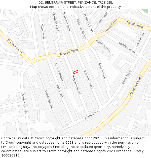 52, BELGRAVIA STREET, PENZANCE, TR18 2BL: Location map and indicative extent of plot
