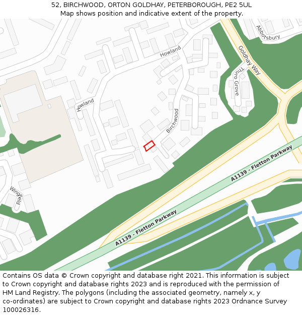 52, BIRCHWOOD, ORTON GOLDHAY, PETERBOROUGH, PE2 5UL: Location map and indicative extent of plot