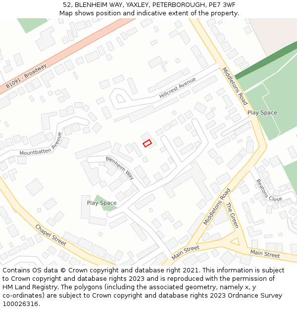 52, BLENHEIM WAY, YAXLEY, PETERBOROUGH, PE7 3WF: Location map and indicative extent of plot