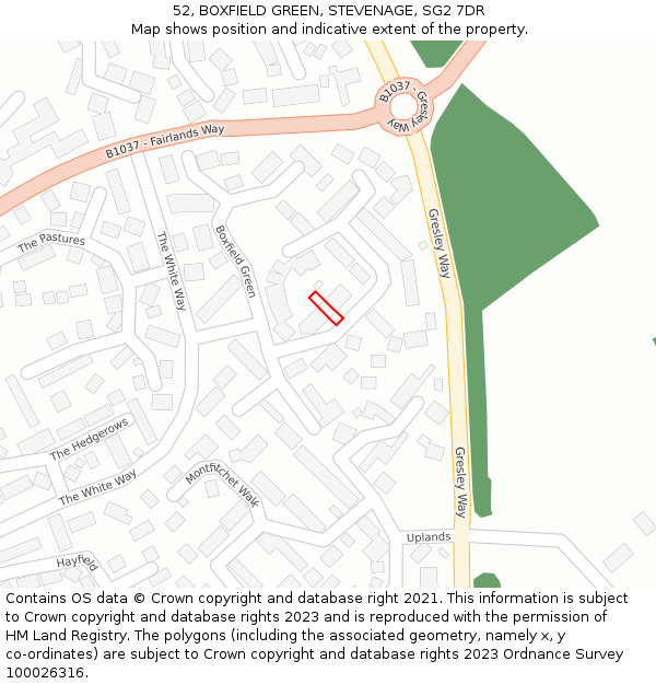 52, BOXFIELD GREEN, STEVENAGE, SG2 7DR: Location map and indicative extent of plot