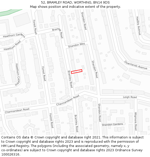 52, BRAMLEY ROAD, WORTHING, BN14 9DS: Location map and indicative extent of plot
