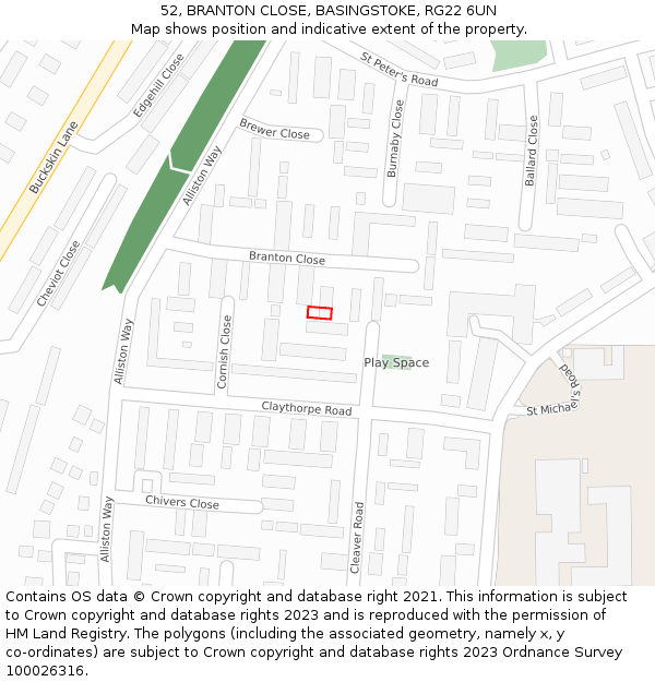 52, BRANTON CLOSE, BASINGSTOKE, RG22 6UN: Location map and indicative extent of plot