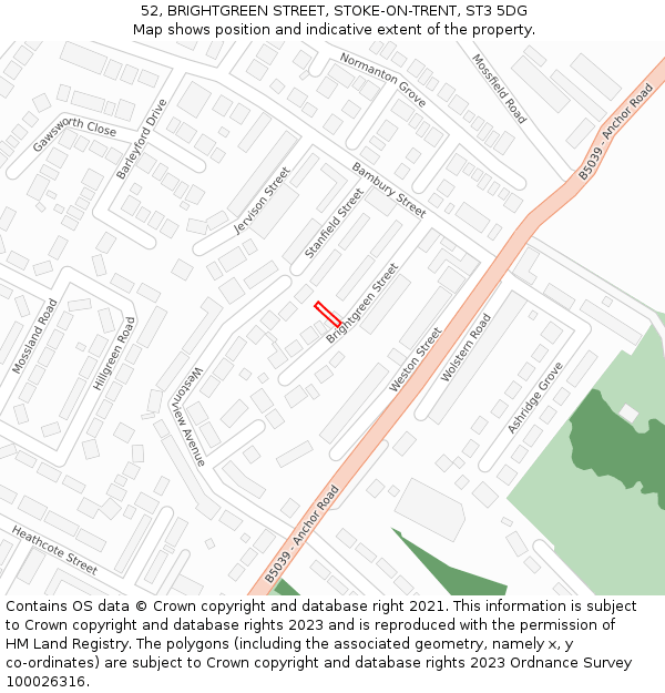 52, BRIGHTGREEN STREET, STOKE-ON-TRENT, ST3 5DG: Location map and indicative extent of plot