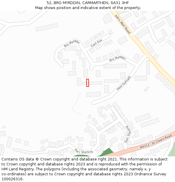 52, BRO MYRDDIN, CARMARTHEN, SA31 3HF: Location map and indicative extent of plot