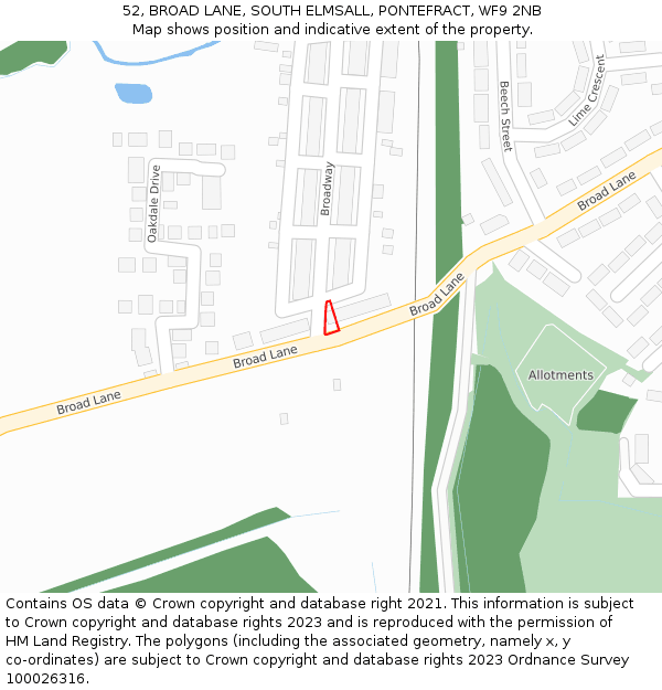 52, BROAD LANE, SOUTH ELMSALL, PONTEFRACT, WF9 2NB: Location map and indicative extent of plot