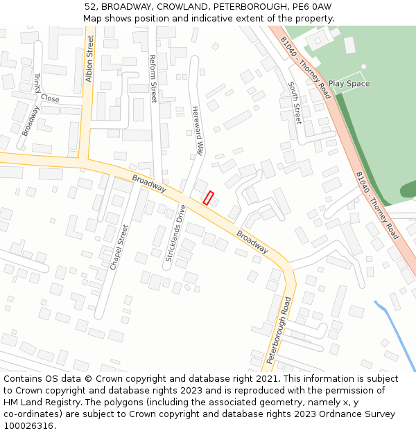 52, BROADWAY, CROWLAND, PETERBOROUGH, PE6 0AW: Location map and indicative extent of plot
