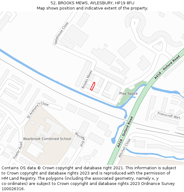 52, BROOKS MEWS, AYLESBURY, HP19 8FU: Location map and indicative extent of plot