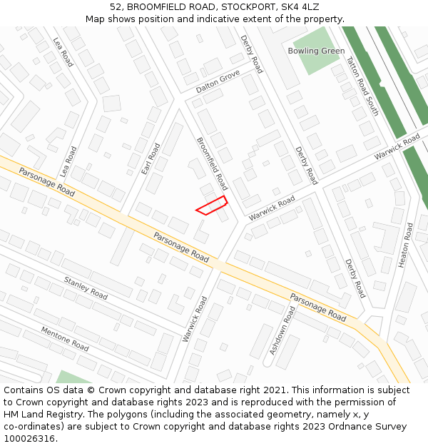 52, BROOMFIELD ROAD, STOCKPORT, SK4 4LZ: Location map and indicative extent of plot