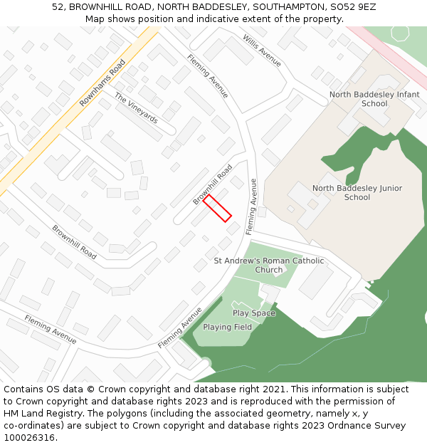 52, BROWNHILL ROAD, NORTH BADDESLEY, SOUTHAMPTON, SO52 9EZ: Location map and indicative extent of plot