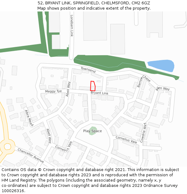52, BRYANT LINK, SPRINGFIELD, CHELMSFORD, CM2 6GZ: Location map and indicative extent of plot