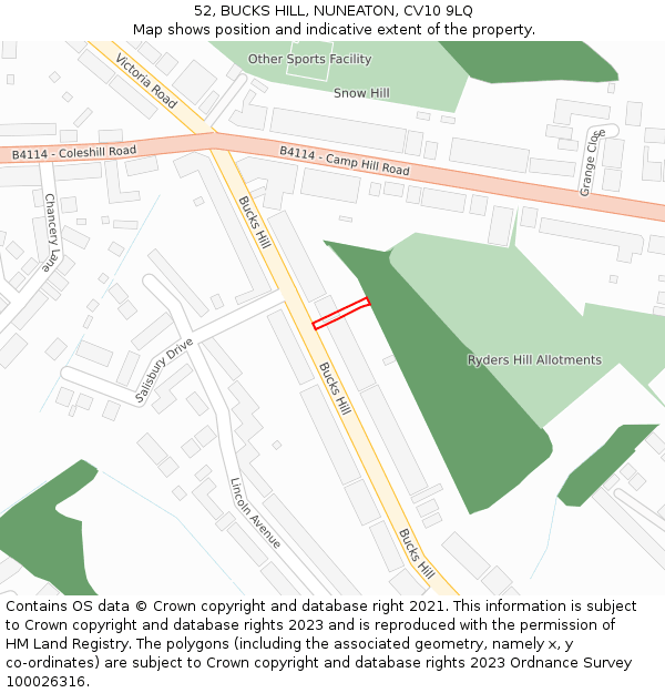 52, BUCKS HILL, NUNEATON, CV10 9LQ: Location map and indicative extent of plot