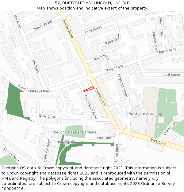 52, BURTON ROAD, LINCOLN, LN1 3LB: Location map and indicative extent of plot
