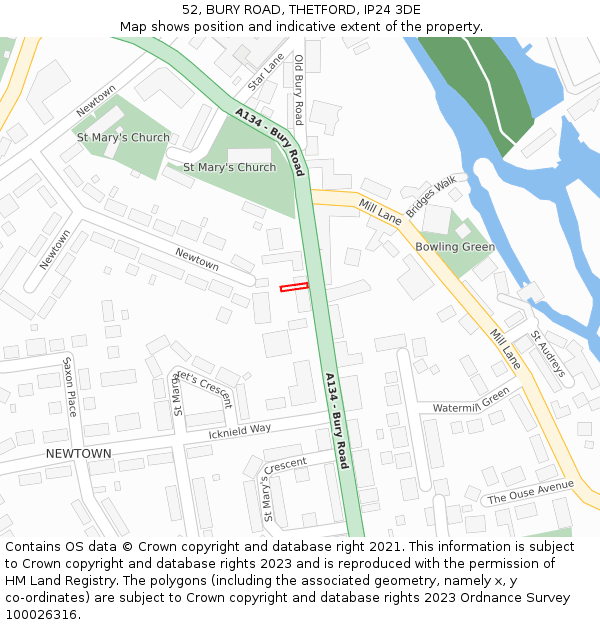 52, BURY ROAD, THETFORD, IP24 3DE: Location map and indicative extent of plot