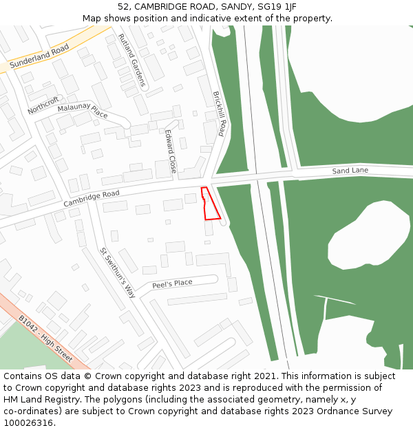 52, CAMBRIDGE ROAD, SANDY, SG19 1JF: Location map and indicative extent of plot