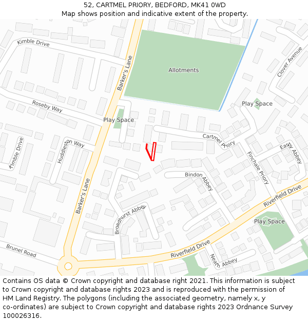 52, CARTMEL PRIORY, BEDFORD, MK41 0WD: Location map and indicative extent of plot