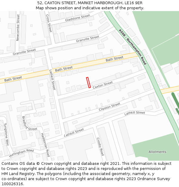 52, CAXTON STREET, MARKET HARBOROUGH, LE16 9ER: Location map and indicative extent of plot