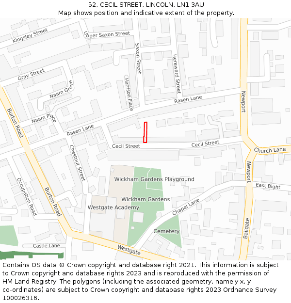 52, CECIL STREET, LINCOLN, LN1 3AU: Location map and indicative extent of plot