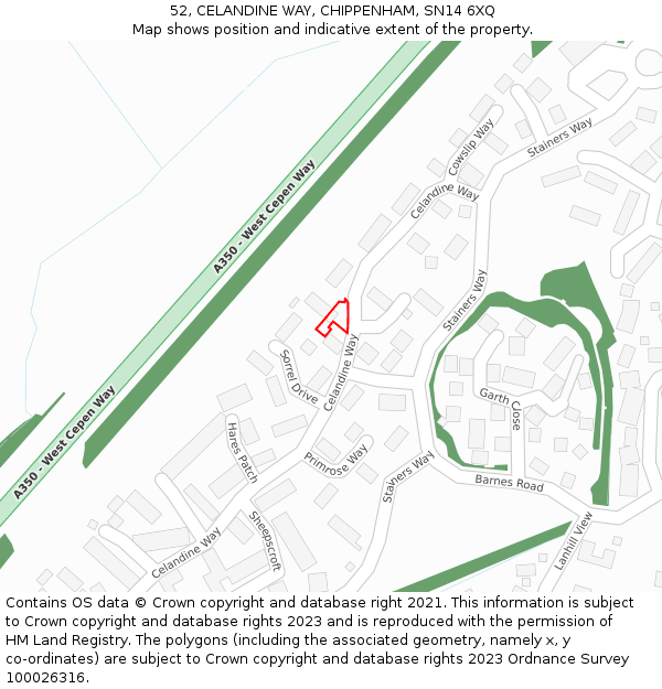 52, CELANDINE WAY, CHIPPENHAM, SN14 6XQ: Location map and indicative extent of plot