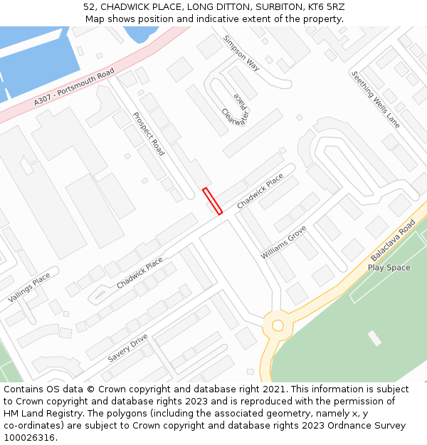 52, CHADWICK PLACE, LONG DITTON, SURBITON, KT6 5RZ: Location map and indicative extent of plot